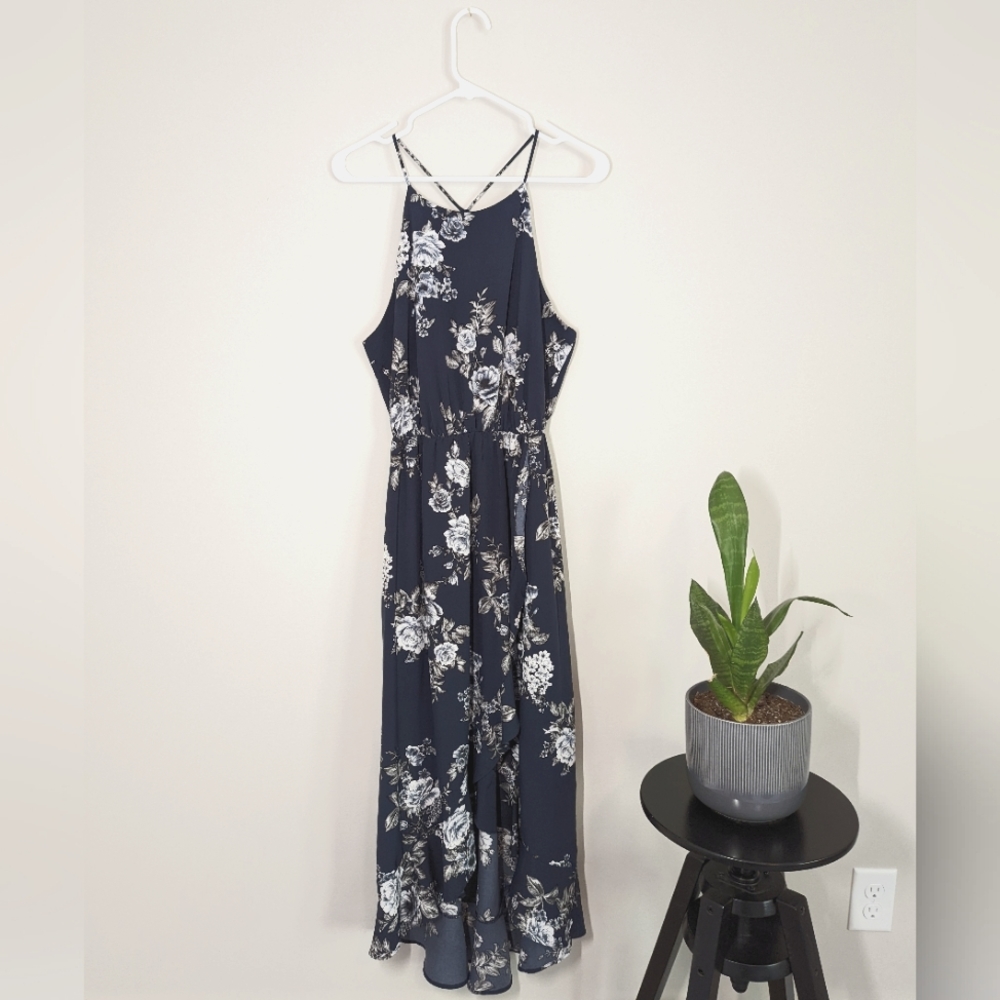 Lush Blue Floral Maxi Dress, wrap design, high slit, flowy dress